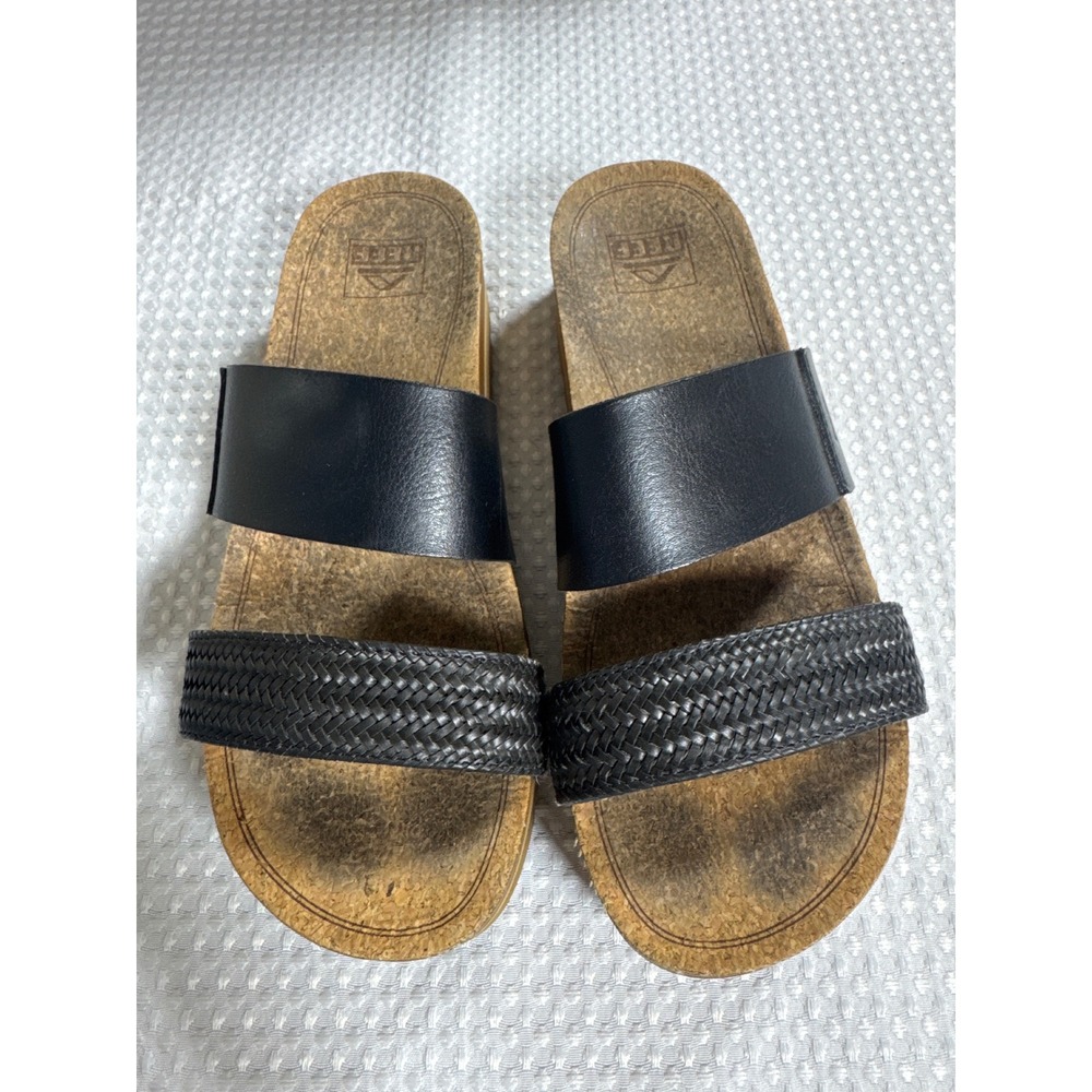 Reef Sandals Women 9 Cushion Vista Hi Black Braided Platform Slide EUC